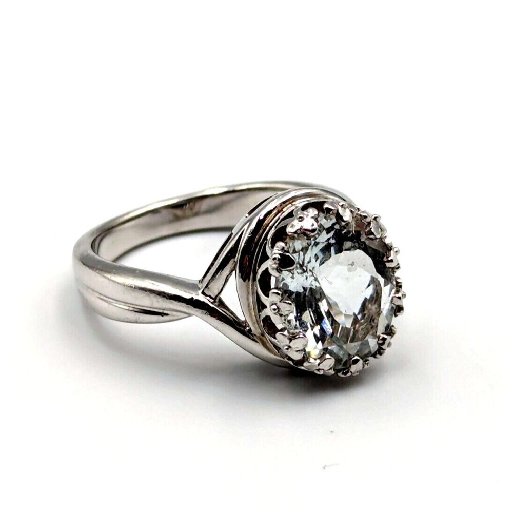 Sterling Silver 925 Clear Quartz Fancy Round Cut Solitaire Elegant Ring Sz 6